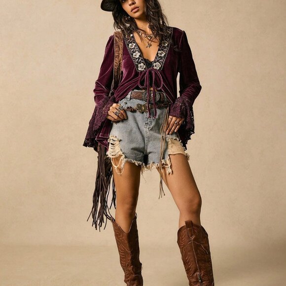 Multicolor Boho Women's Nomadic V-Neck Tie-Up Lace Patchwork Flare Sleeve top - Picture 5 of 7